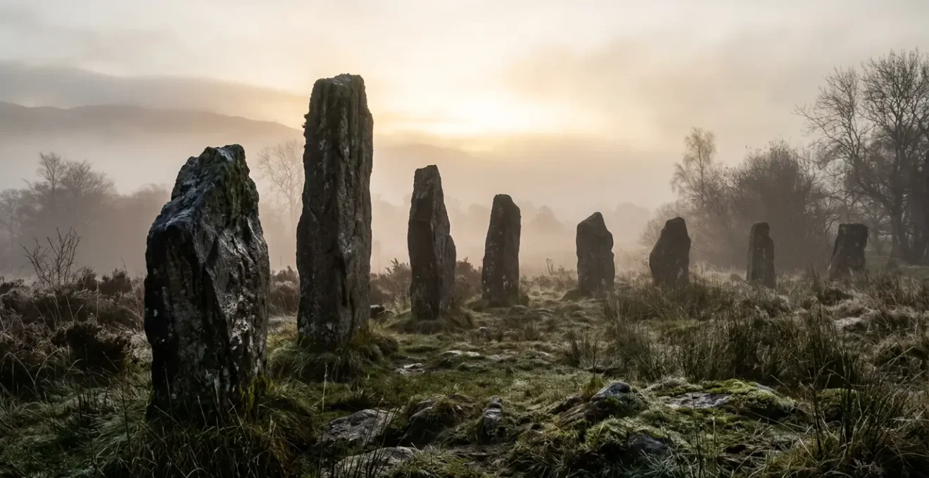 Alignements de menhirs de Carnac dans la brume matinale d'hiver