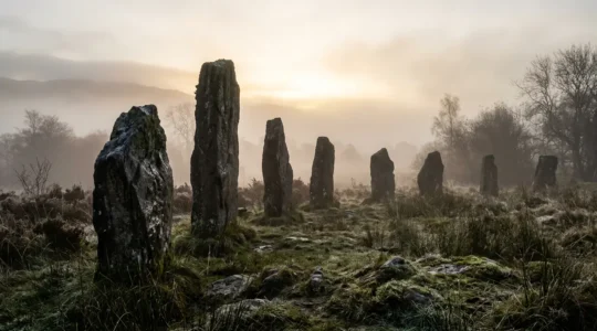 Alignements de menhirs de Carnac dans la brume matinale d'hiver