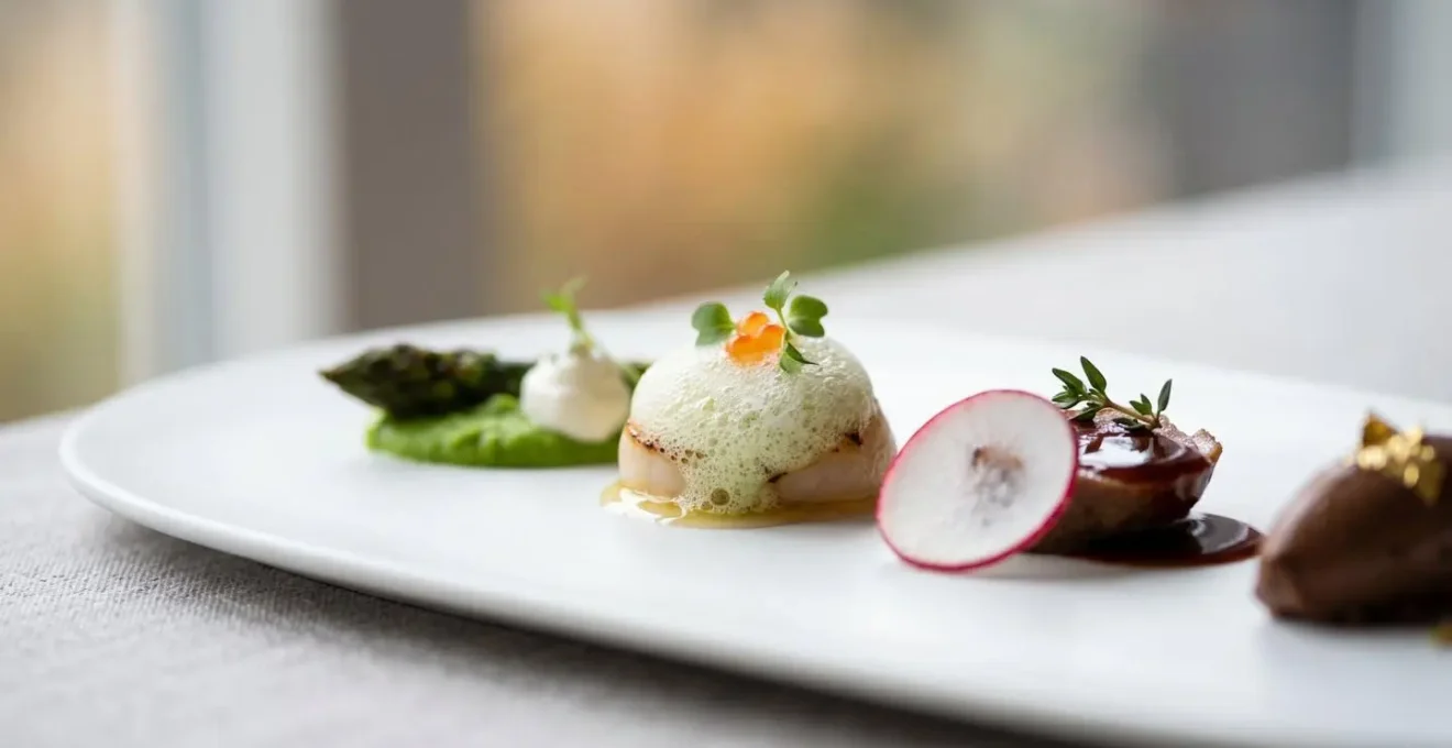 Service de plats gastronomiques en séquence avec présentation raffinée