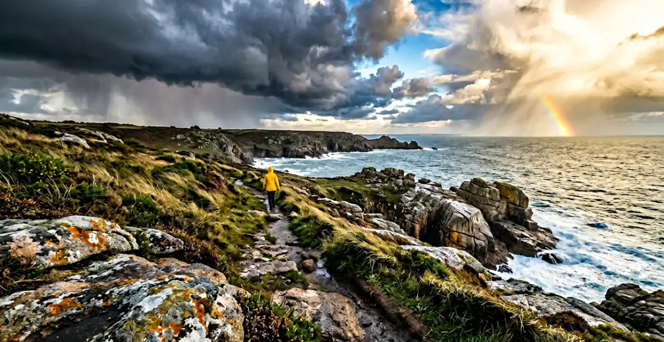 Côte bretonne avec météo changeante, nuages et éclaircies sur falaises
