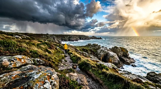 Côte bretonne avec météo changeante, nuages et éclaircies sur falaises