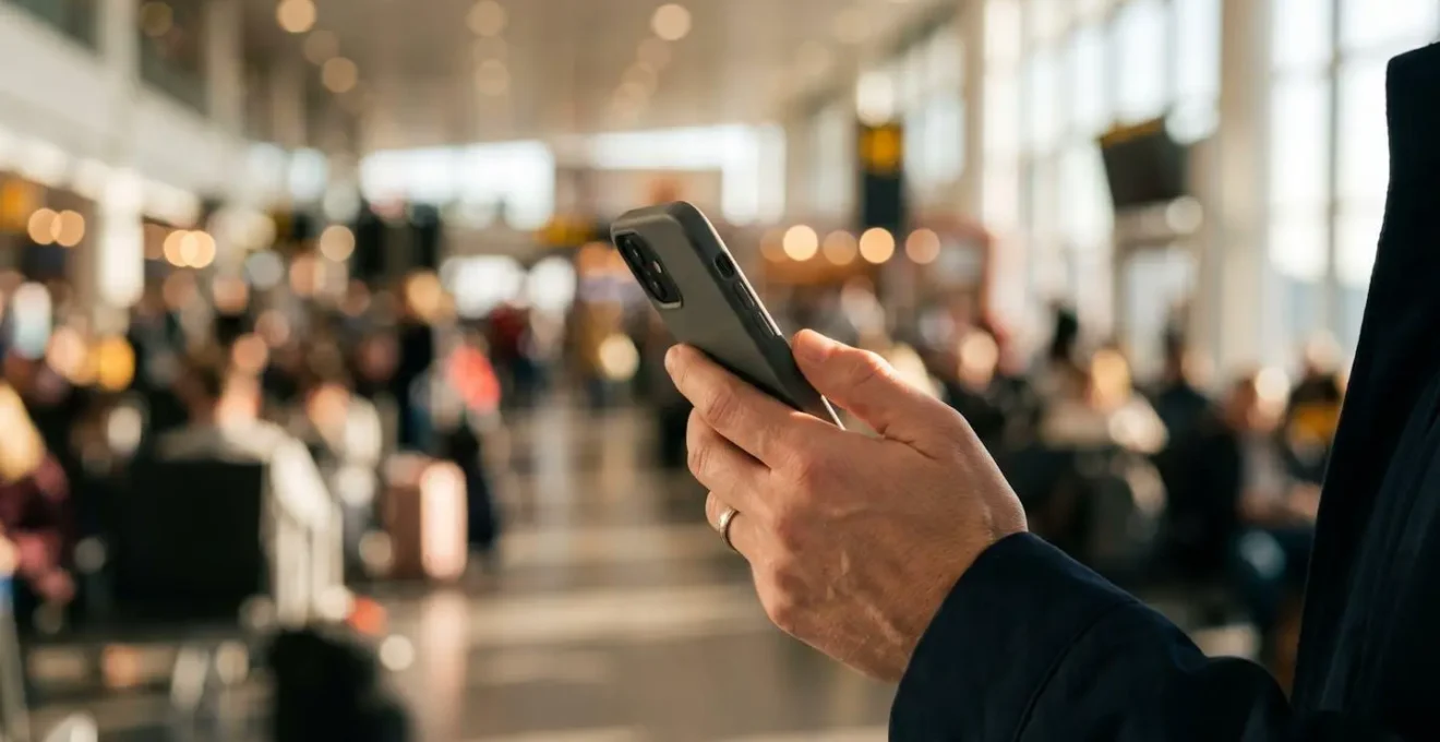 Main tenant un smartphone avec notifications d'alertes de prix en arrière-plan flou d'aéroport