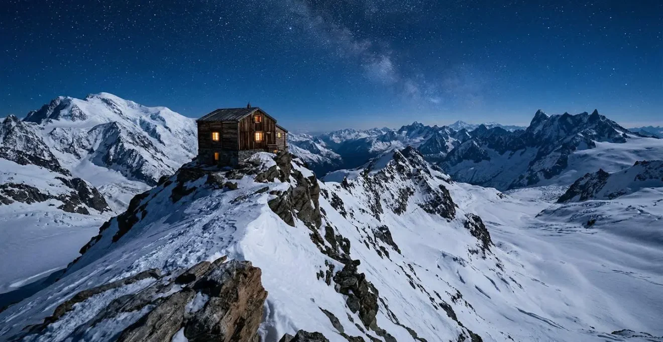 Vue nocturne d'un refuge de montagne isolé sous un ciel étoilé à très haute altitude avec des montagnes enneigées