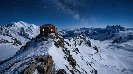 Vue nocturne d'un refuge de montagne isolé sous un ciel étoilé à très haute altitude avec des montagnes enneigées