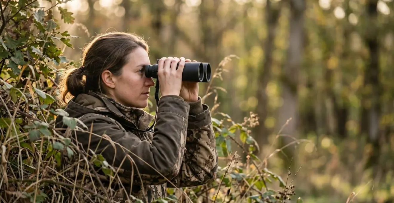 Observateur utilisant des jumelles pour regarder la faune à distance respectueuse dans une réserve