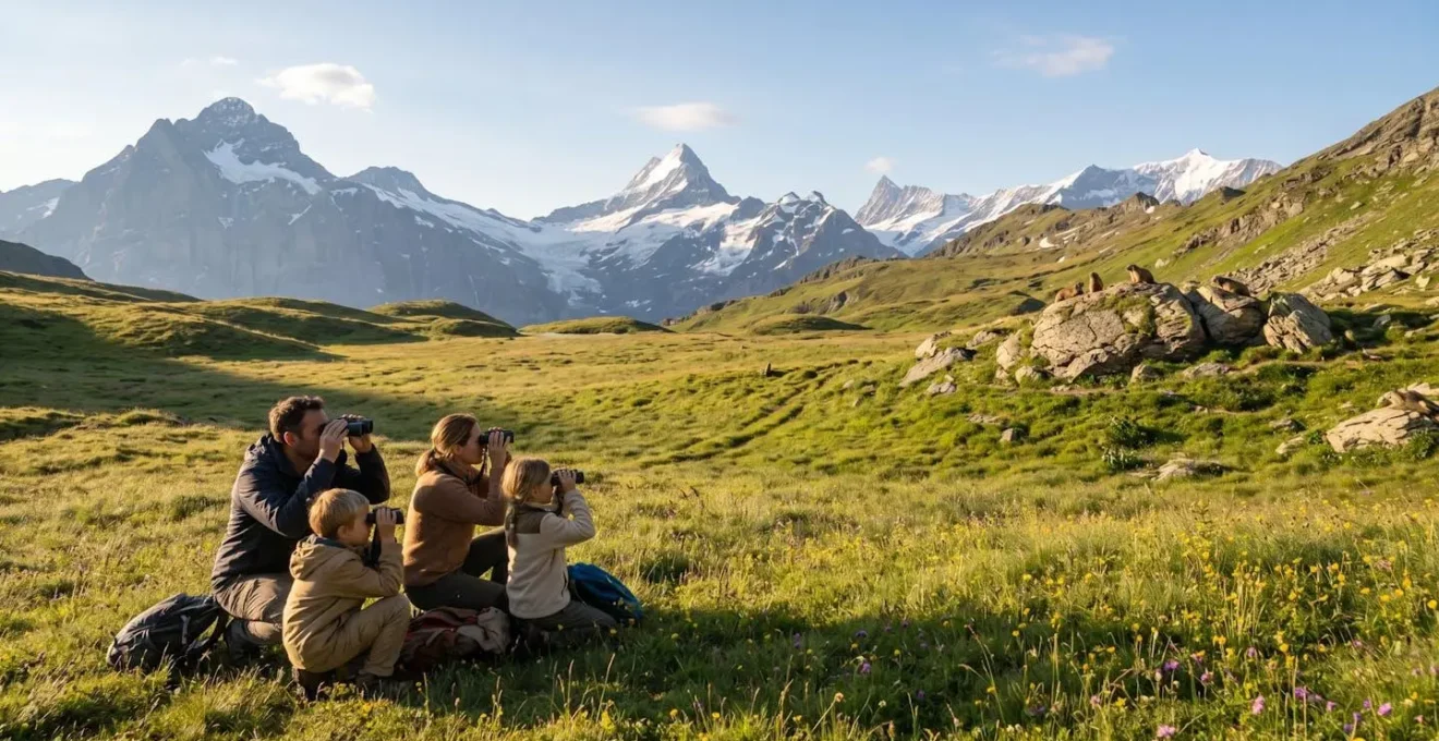 Famille observant des marmottes à distance respectueuse avec des jumelles dans un alpage de montagne