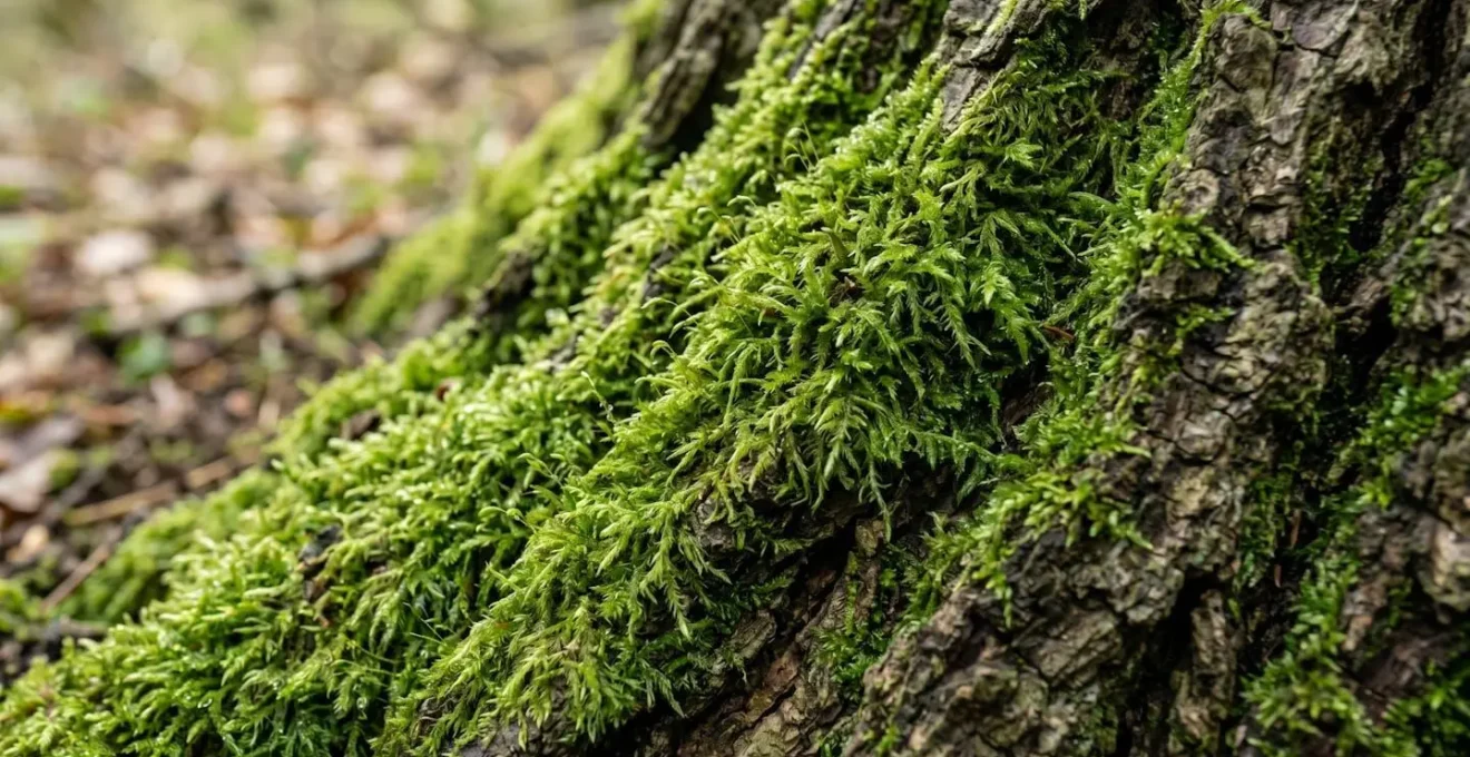 Gros plan sur de la mousse verte poussant sur le côté nord d'un tronc d'arbre en forêt