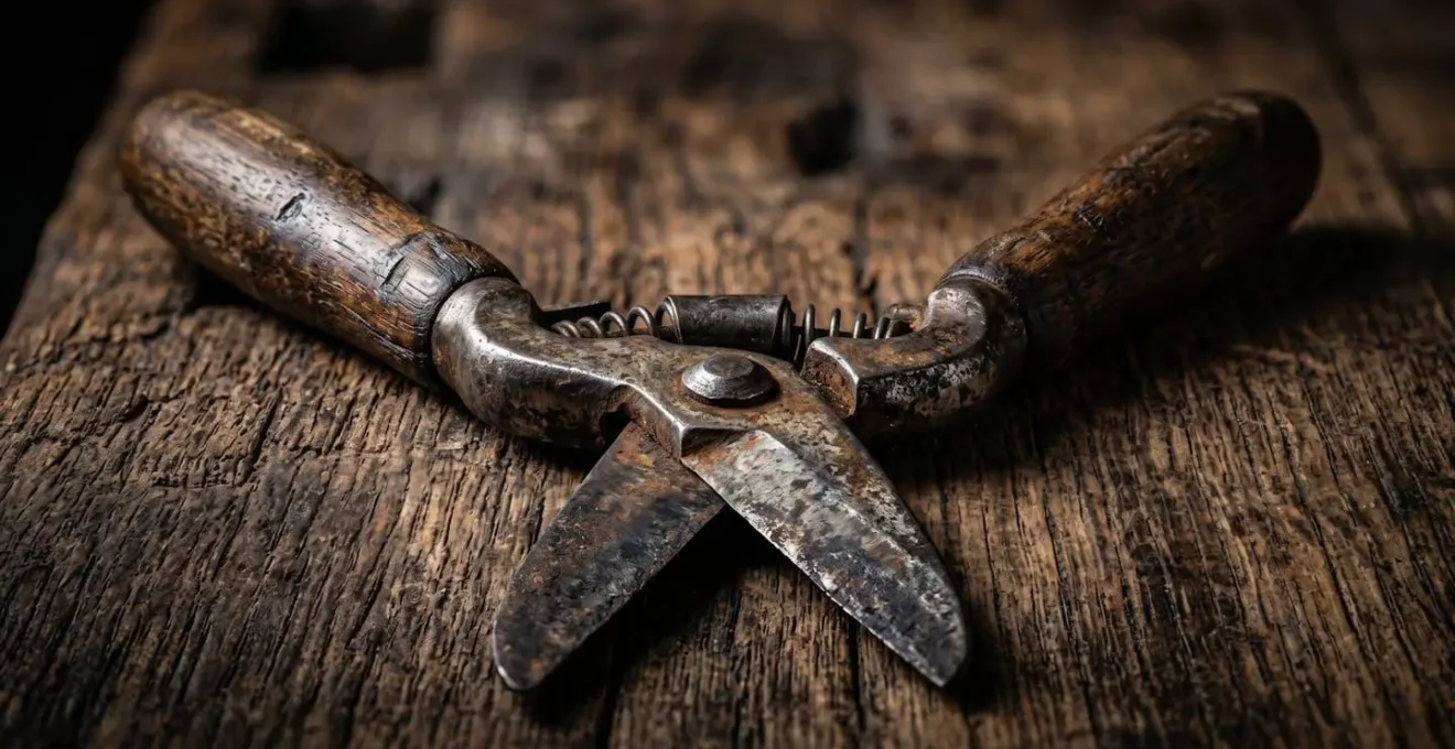 Outils d'artisan usés par le temps disposés sur un établi en bois ancien