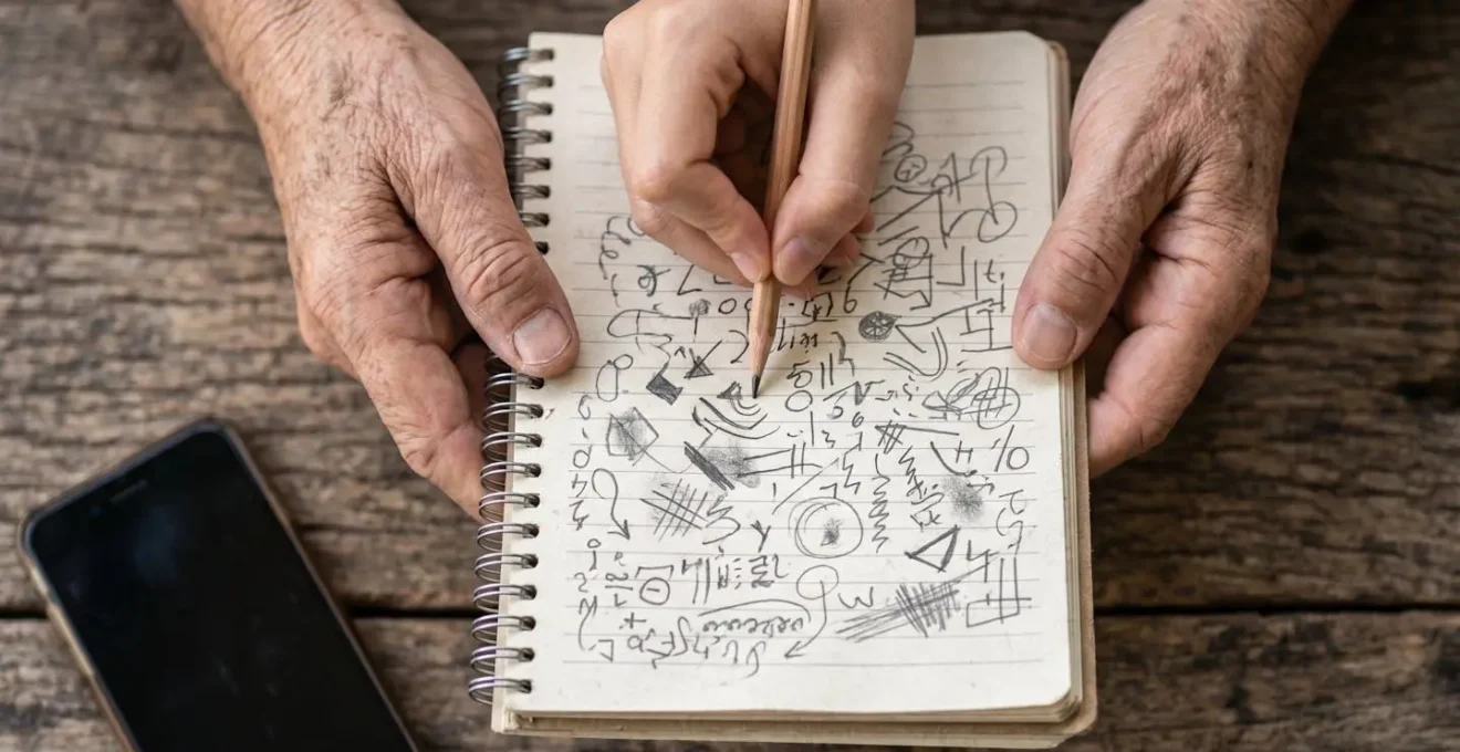 Mains échangeant un carnet avec dessins simples entre voyageur et hôte