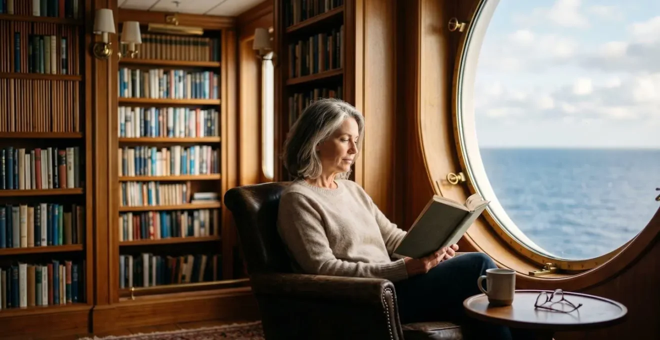 Bibliothèque déserte d'un paquebot avec vue sur l'océan, ambiance paisible et lumineuse