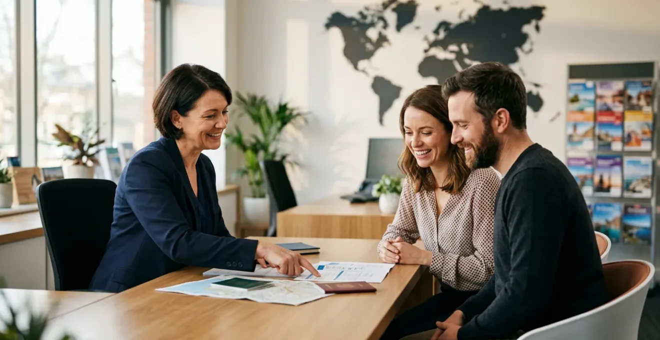 Professionnelle en voyage conseillant un couple dans un bureau moderne avec carte mondiale en arrière-plan