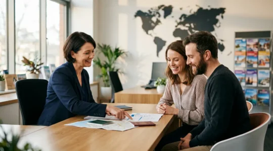 Professionnelle en voyage conseillant un couple dans un bureau moderne avec carte mondiale en arrière-plan