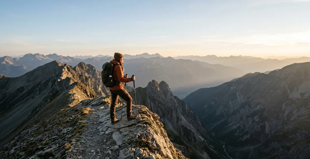 Randonneur sur une crête effilée pratiquant une technique de respiration pour gérer le vertige