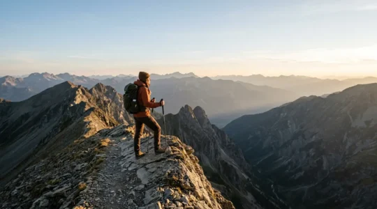 Randonneur sur une crête effilée pratiquant une technique de respiration pour gérer le vertige