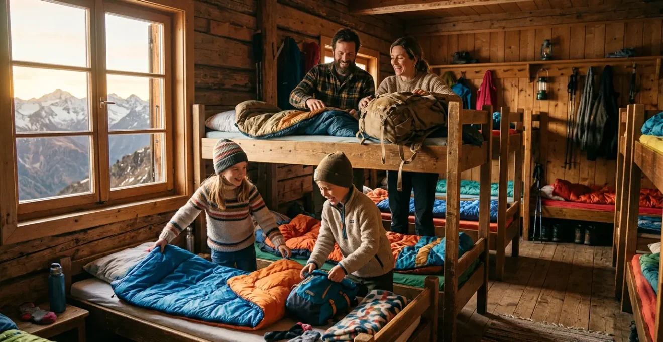 Vue intérieure d'un refuge de montagne avec famille et enfants préparant leur espace de couchage dans un dortoir chaleureux