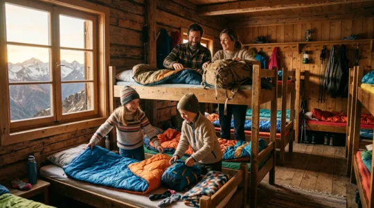 Vue intérieure d'un refuge de montagne avec famille et enfants préparant leur espace de couchage dans un dortoir chaleureux