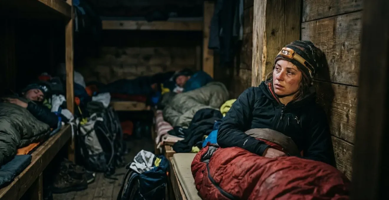 Intérieur d'un refuge de montagne bondé avec des alpinistes dans leurs sacs de couchage, un visage marqué par l'insomnie d'altitude.
