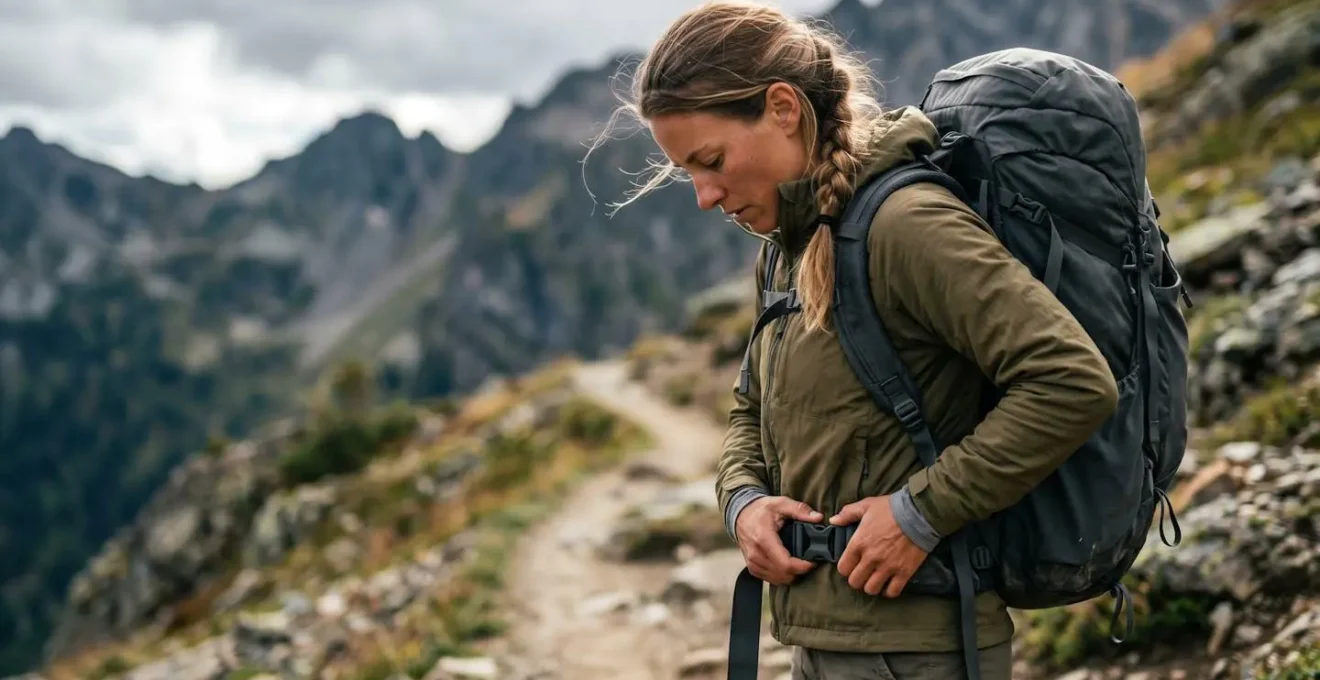 Randonneur de profil montrant le positionnement correct du sac à dos sur les hanches