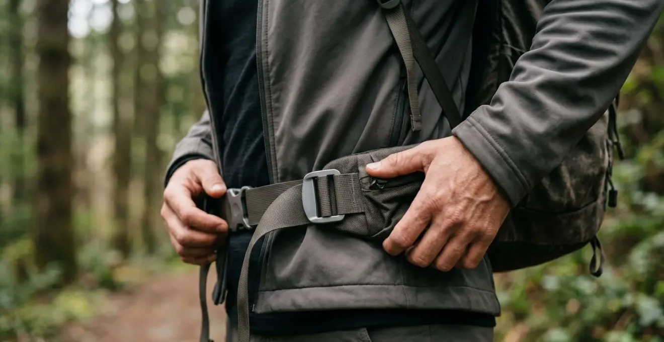 Démonstration du positionnement correct de la sangle ventrale sur les hanches pour reporter le poids du sac.