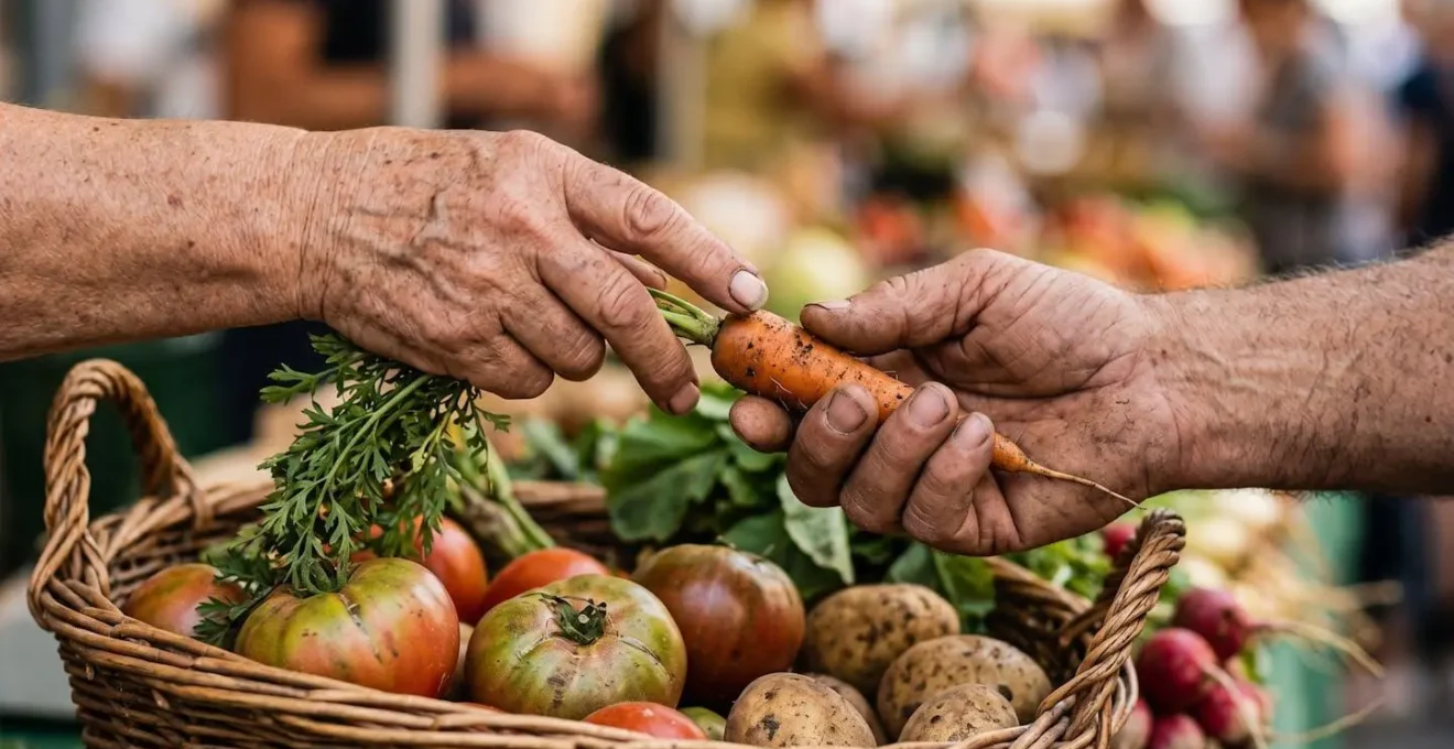 Moment de connexion humaine authentique entre voyageur et commerçant local sur un marché européen