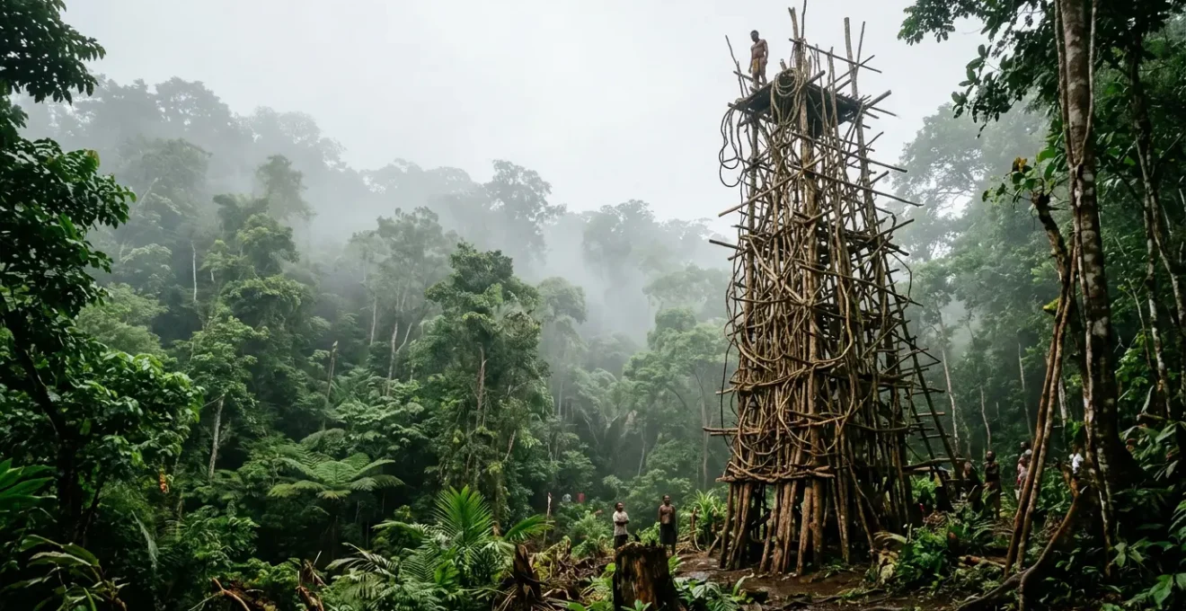 Sauteurs du Gaul s'élançant d'une tour de bois face à la forêt tropicale sur l'île de Pentecôte au Vanuatu
