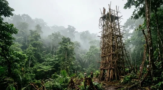 Sauteurs du Gaul s'élançant d'une tour de bois face à la forêt tropicale sur l'île de Pentecôte au Vanuatu
