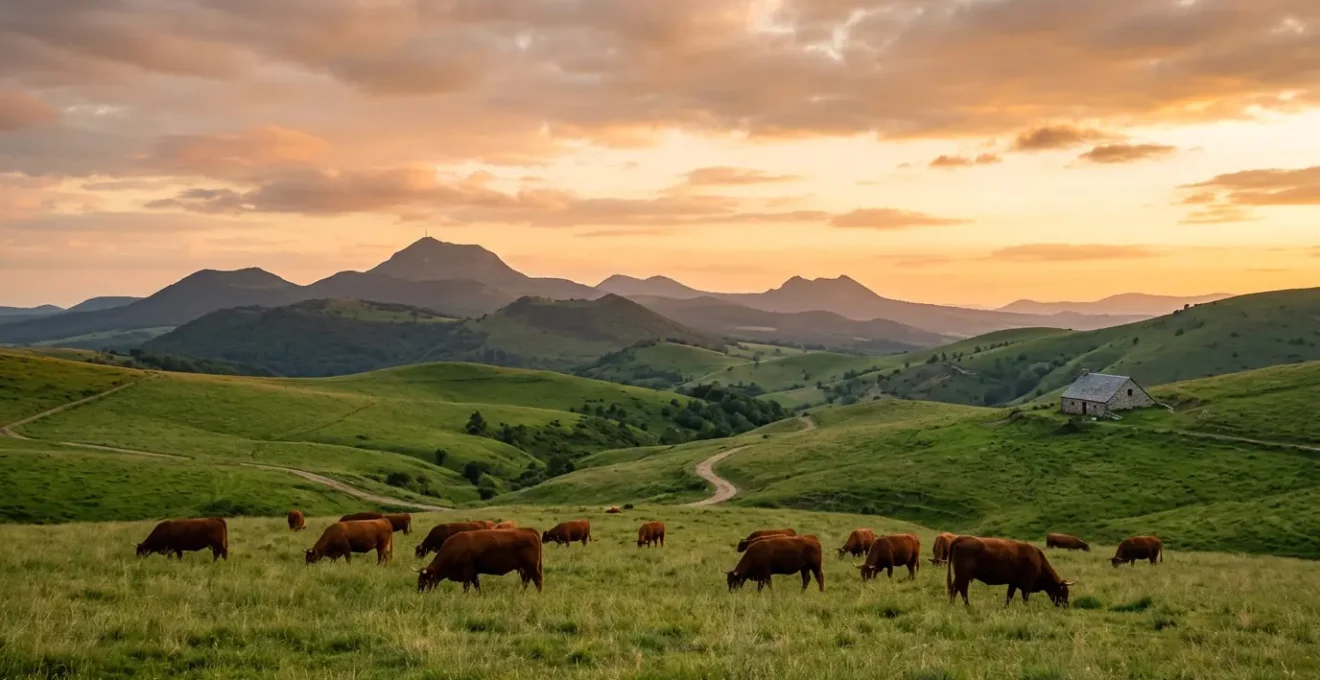 Vue panoramique d'un troupeau de vaches Salers paissant dans les estives d'Auvergne avec les volcans en arrière-plan
