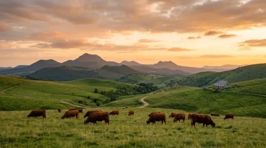 Vue panoramique d'un troupeau de vaches Salers paissant dans les estives d'Auvergne avec les volcans en arrière-plan