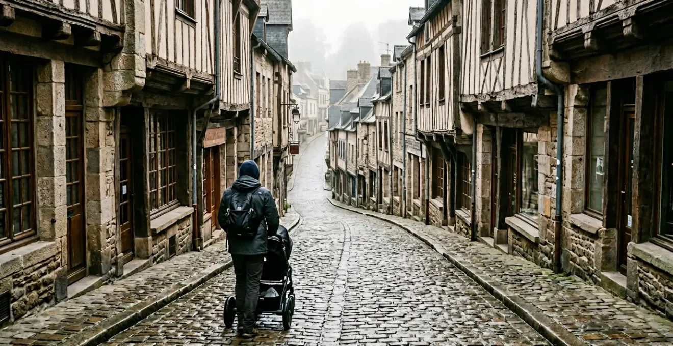 Vue plongeante de la rue du Jerzual à Dinan montrant sa pente impressionnante, les maisons à colombages colorées et une personne avec poussette face au défi du dénivelé pavé