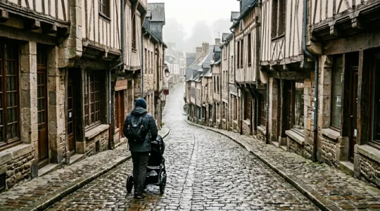 Vue plongeante de la rue du Jerzual à Dinan montrant sa pente impressionnante, les maisons à colombages colorées et une personne avec poussette face au défi du dénivelé pavé
