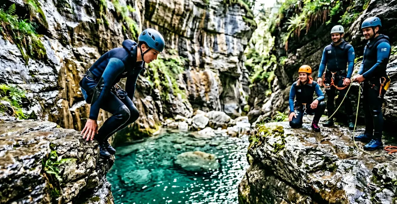 Groupe de canyonistes au bord d'une vasque turquoise, un premier sauteur en position de départ sur la corniche