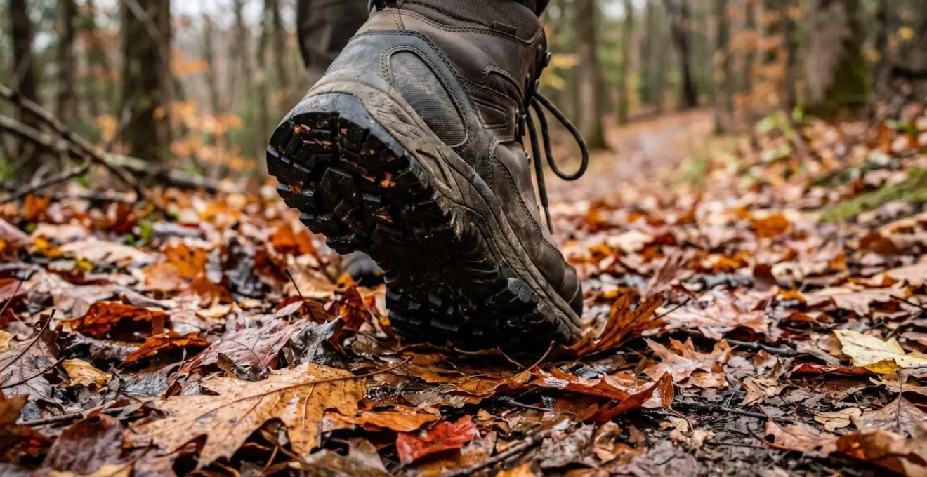Chaussure de randonnée avec semelle crantée posée sur un tapis de feuilles mortes humides
