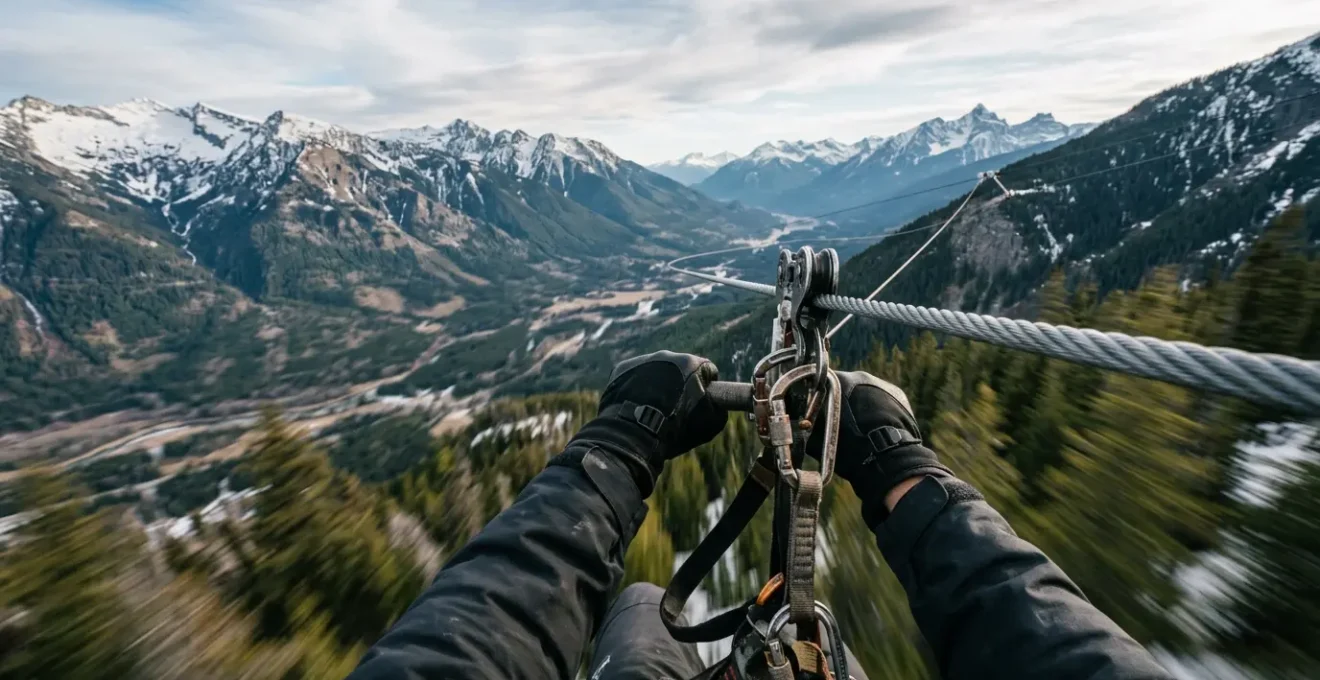 Vue subjective d'une personne suspendue à une tyrolienne géante survolant une vallée montagneuse, avec flou de mouvement suggérant la vitesse