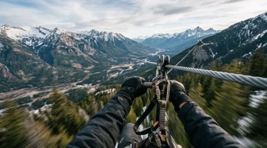 Vue subjective d'une personne suspendue à une tyrolienne géante survolant une vallée montagneuse, avec flou de mouvement suggérant la vitesse