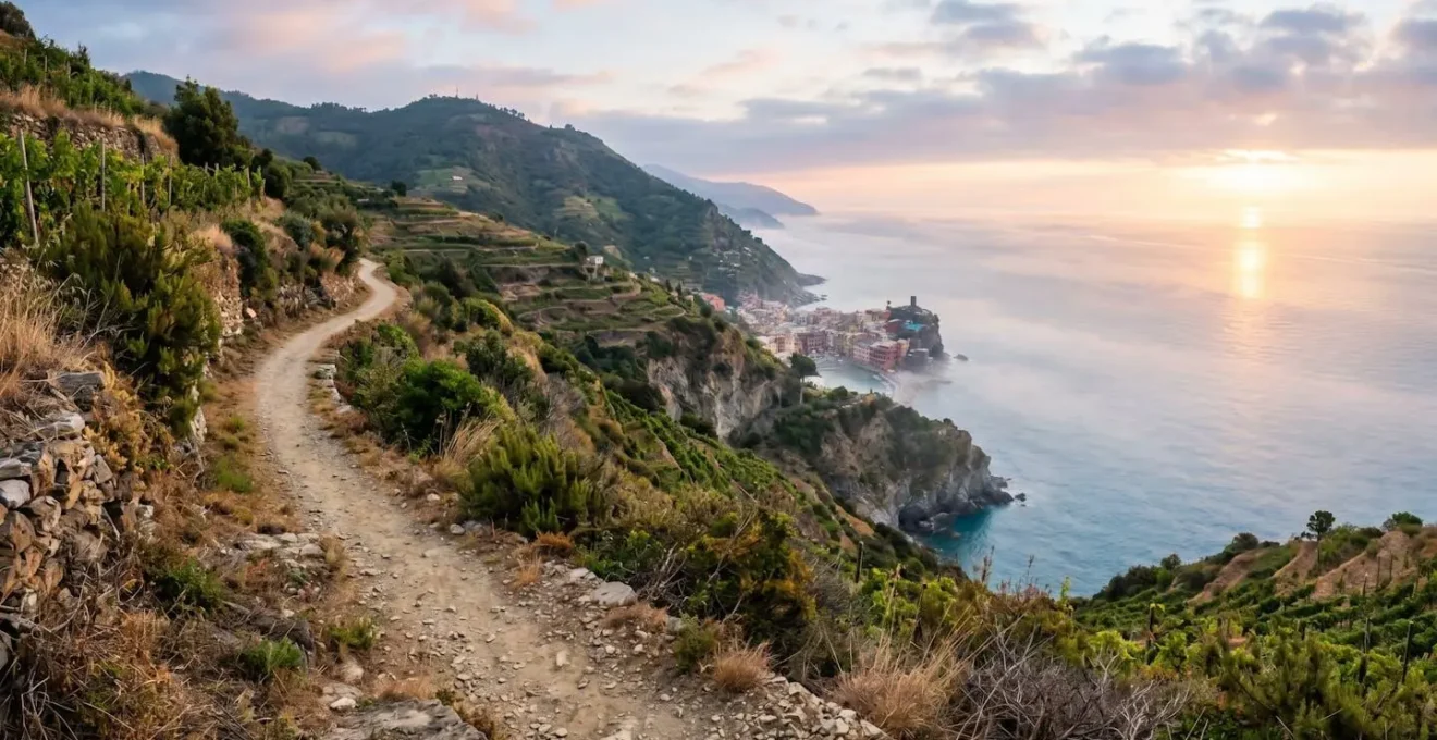 Sentier côtier désert des Cinque Terre au lever du soleil avec vue plongeante sur les villages colorés