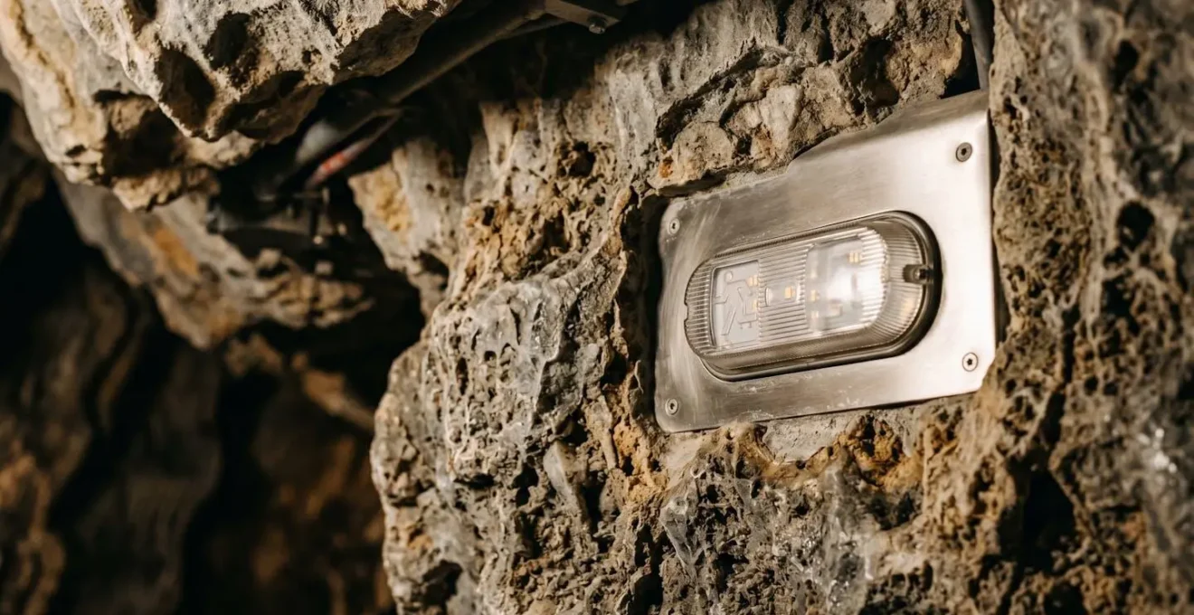 Intérieur d'un hôtel troglodyte montrant l'intégration discrète des systèmes de sécurité dans la roche naturelle