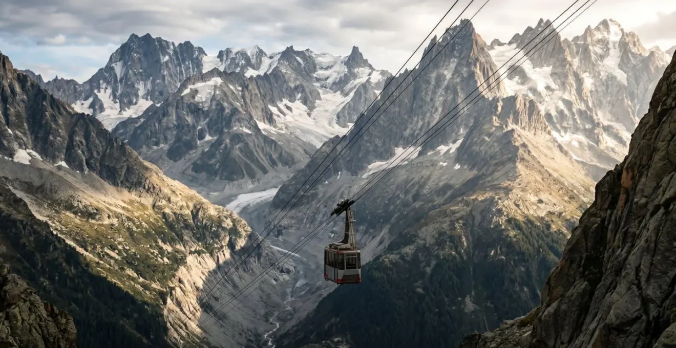 Cabine de téléphérique suspendue dans le vide avec vue sur les glaciers alpins, symbolisant l'ascension rapide en altitude.
