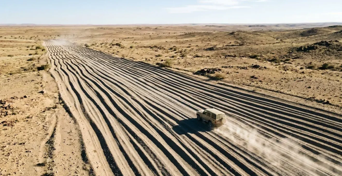 Vue aérienne d'une piste avec ondulations visibles créant des ombres répétitives