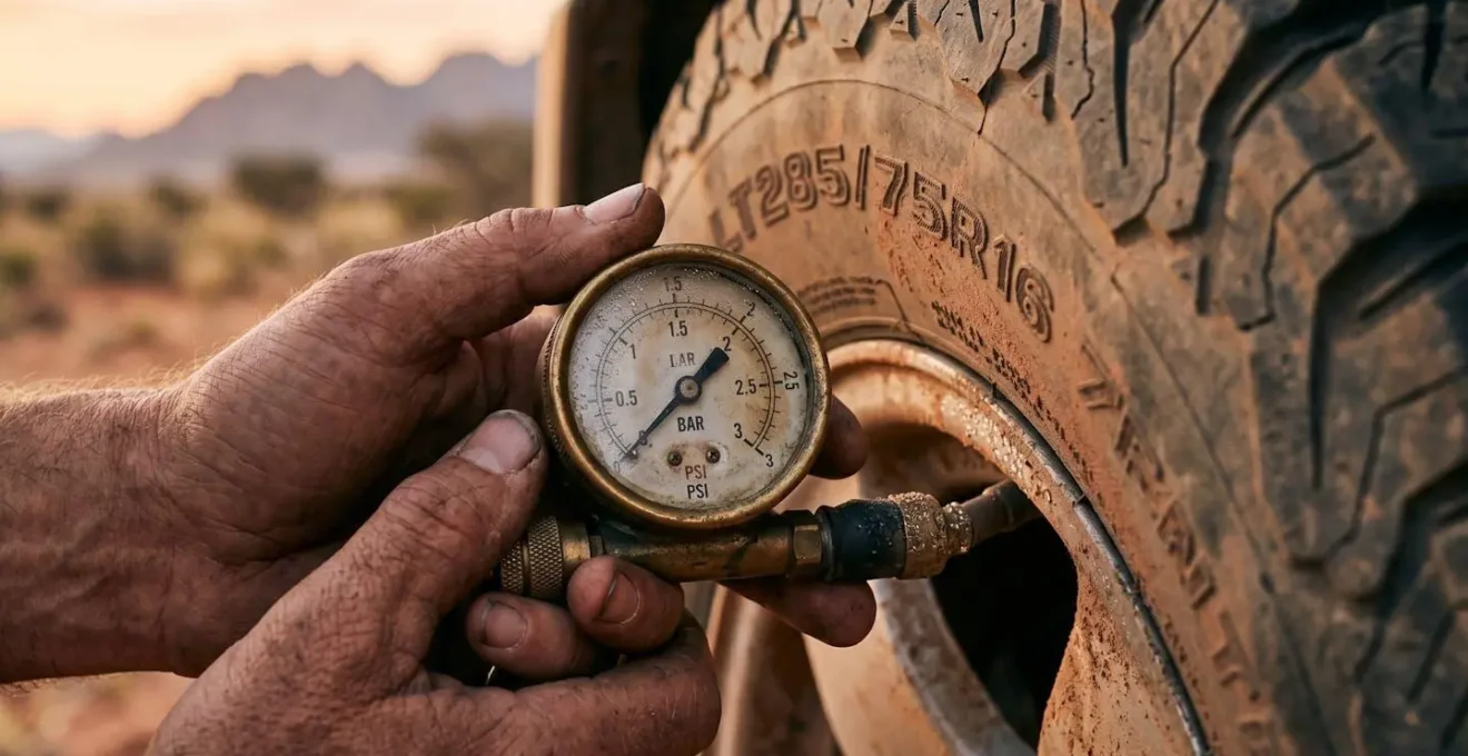 Gros plan sur un conducteur vérifiant la pression d'un pneu au lever du jour dans le désert namibien