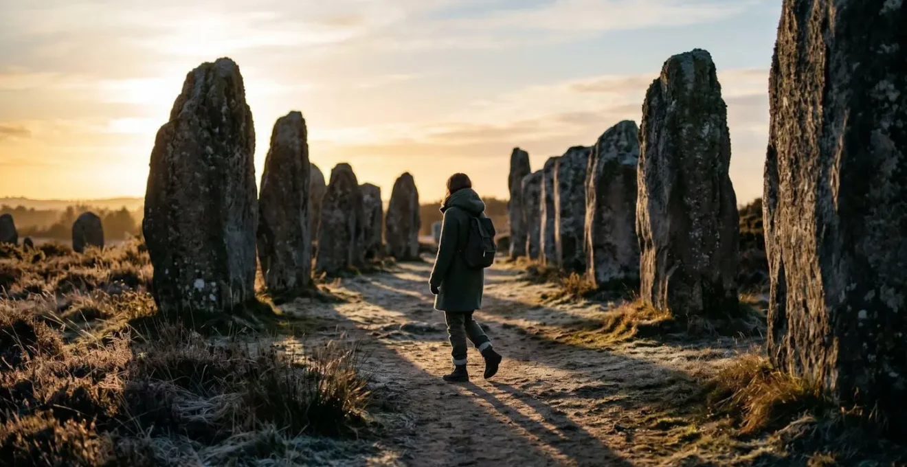 Silhouette d'un visiteur entre les menhirs de Carnac sous une lumière d'hiver rasante