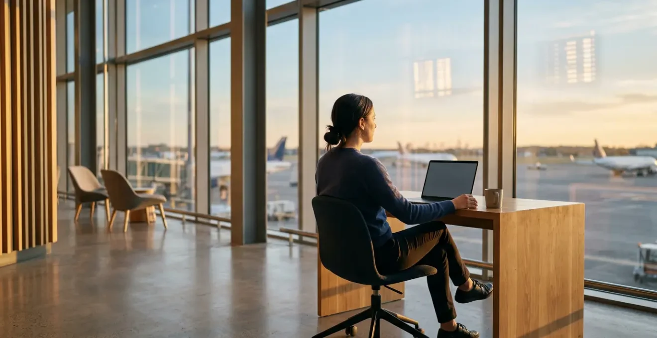 Voyageur consultant un ordinateur portable dans un salon d'aéroport avec des avions en arrière-plan