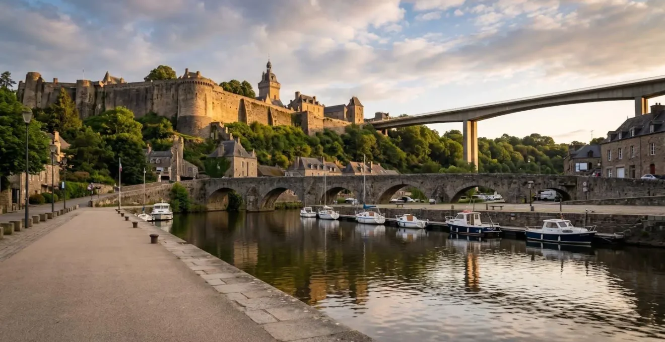Vue grand angle depuis le port de Dinan montrant le viaduc, la Rance et les remparts en contre-plongée sous un ciel dramatique