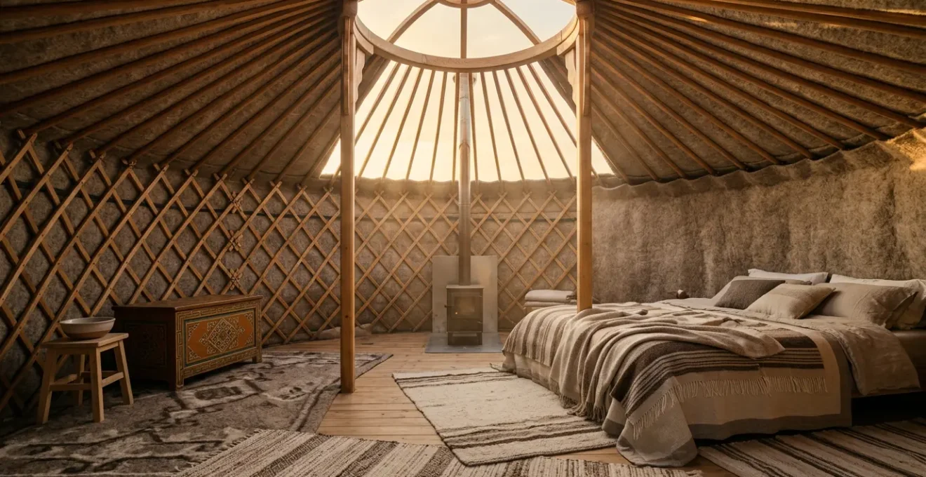 Intérieur d'une yourte traditionnelle baignée de lumière naturelle douce avec structure circulaire en bois visible