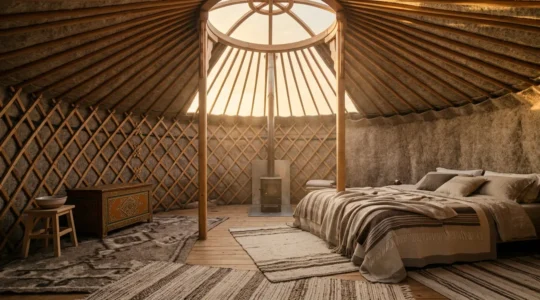 Intérieur d'une yourte traditionnelle baignée de lumière naturelle douce avec structure circulaire en bois visible