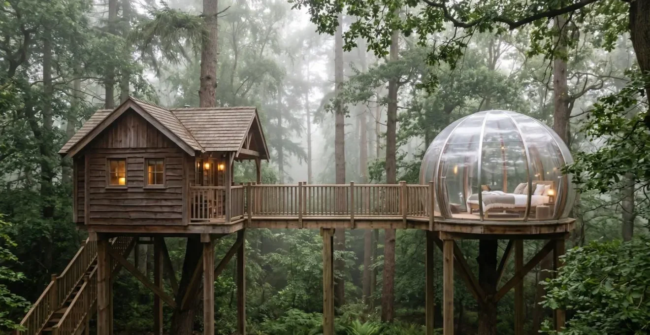 Vue comparative entre une cabane en bois traditionnelle et une bulle transparente dans les arbres