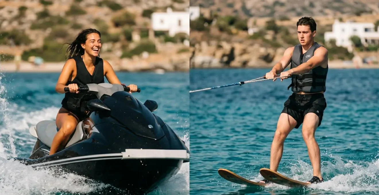Vue côte à côte d'un débutant sur jet-ski et d'un autre en ski nautique