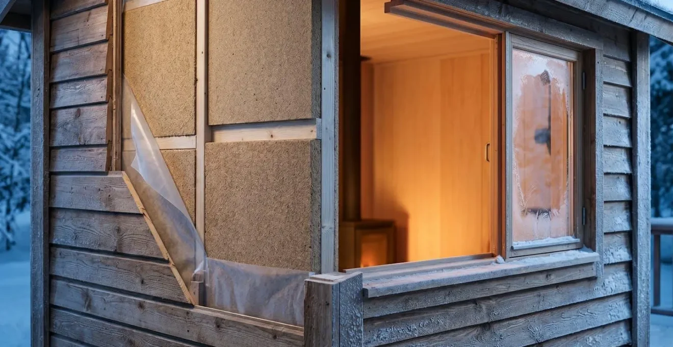 Coupe technique d'une cabane dans les arbres montrant les différentes couches d'isolation thermique