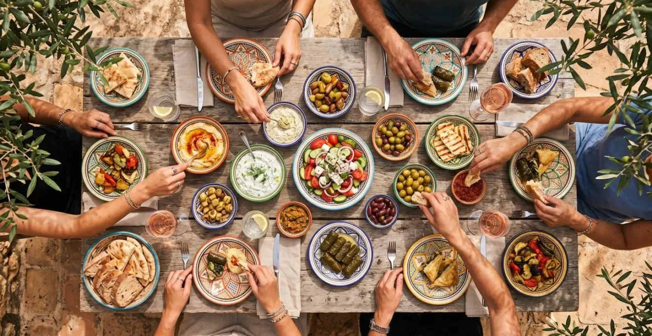 Table méditerranéenne traditionnelle avec plats partagés et convives souriants